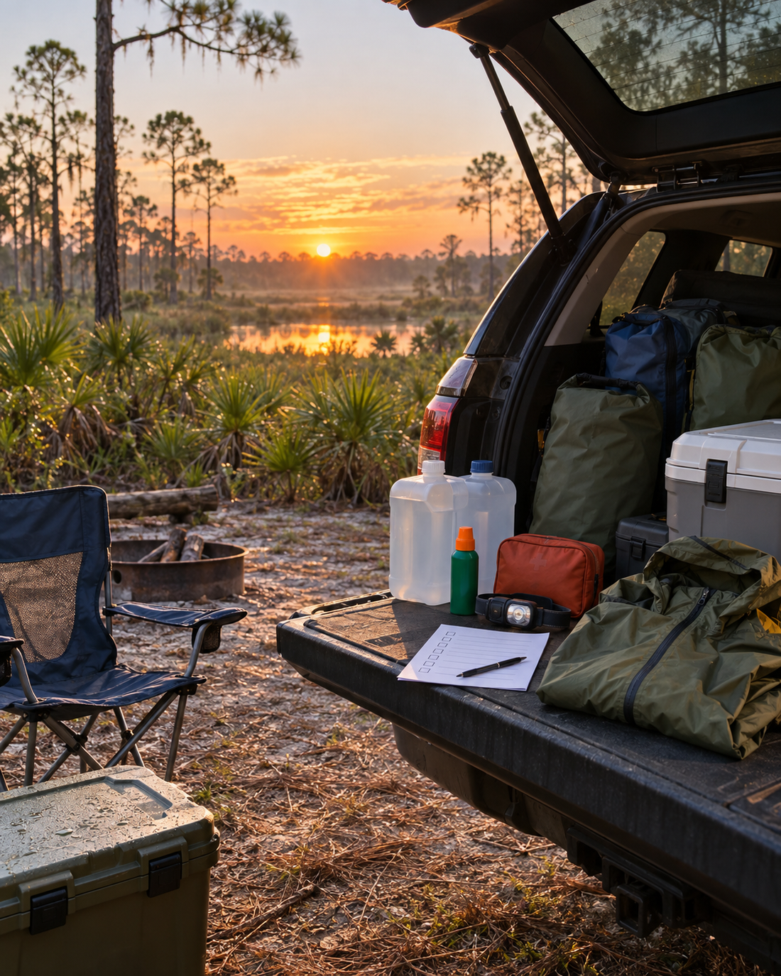 Organized Florida fall campsite preparation with water, rain gear, insect repellent, first aid kit and headlamp at sunrise