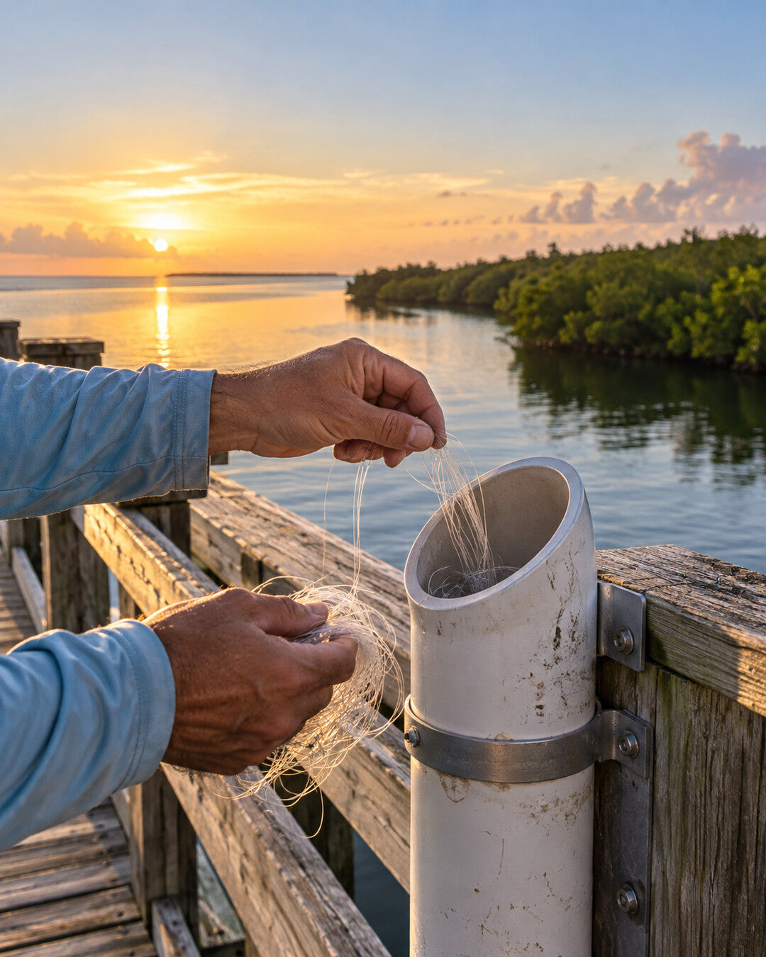 Angler placing used fishing line into a recycling tube on a Florida pier at sunrise
